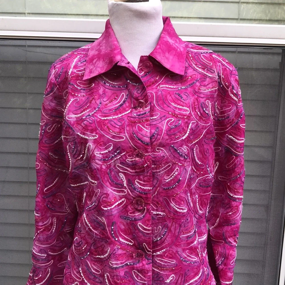 Anage Pink 100% Silk Embroidered Jacket size Small Pink Power BC Awareness